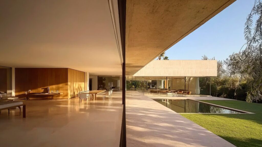 Modernes Haus innen und außen mit Pool und Garten