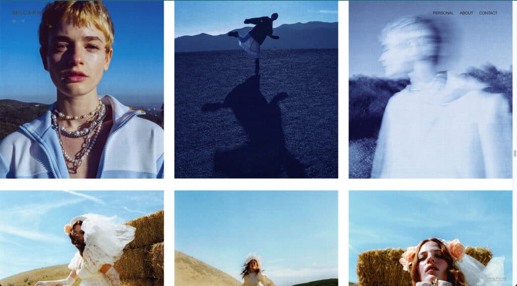 Collage de photos : modèle dans différentes poses, colliers superposés, extérieur, bottes de foin et effet de flou de mouvement.
