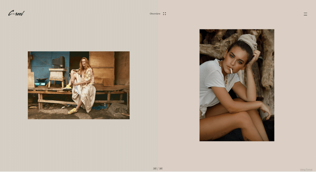 Deux photos de mode : une femme en robe fluide et chaussures jaunes, et une femme en haut blanc qui fume.