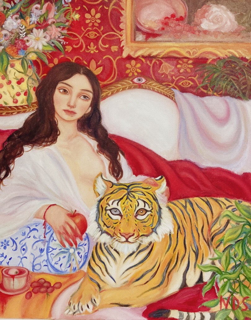Pintura de mulher e tigre de Nadia da Silva
