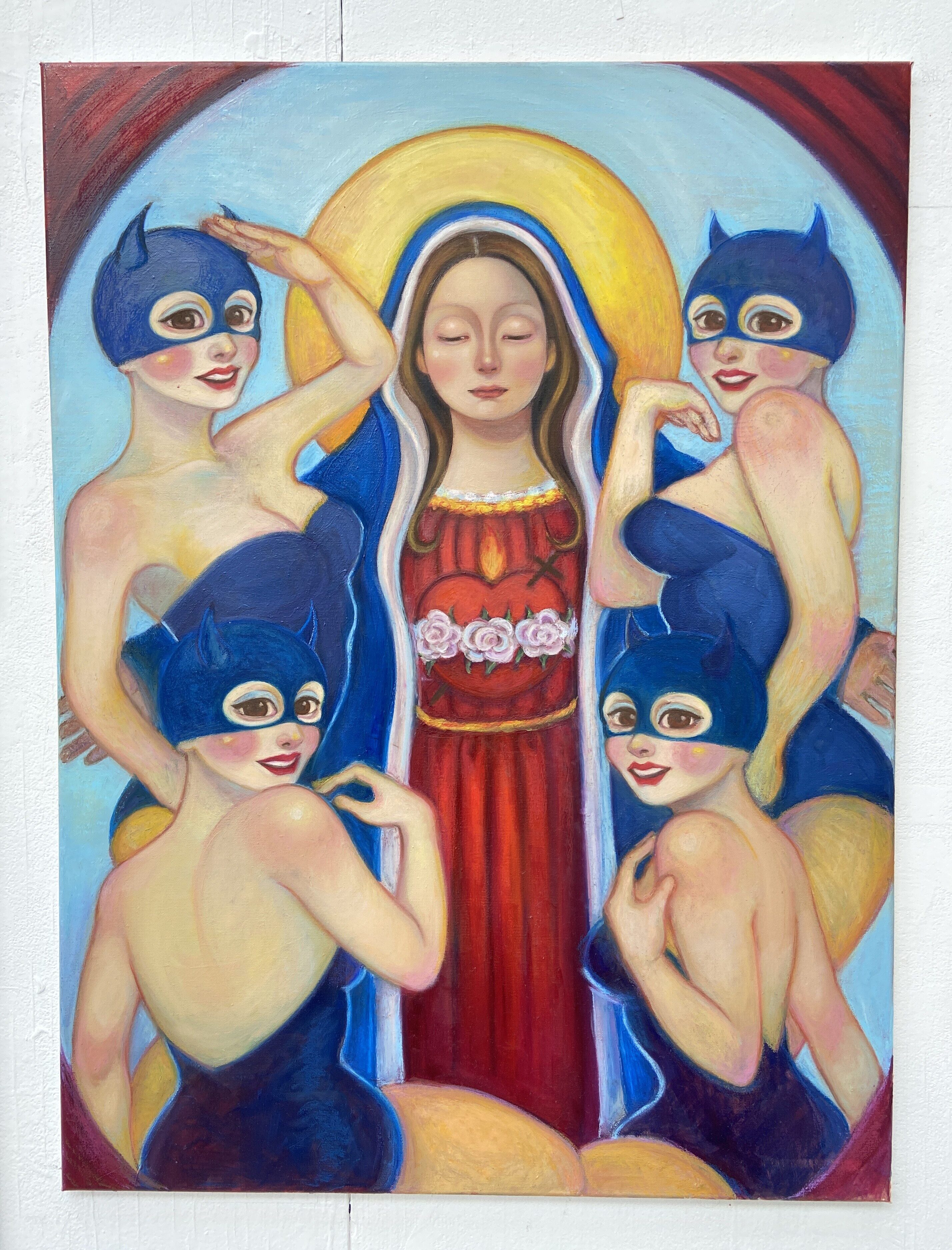 painting of religious figure and women in modern bodysuit customes by Nadia Da Silva