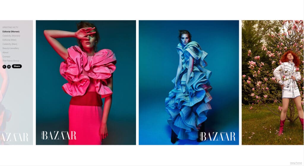 Trois photos de mode Harper's Bazaar : mannequin en rose, mannequin en bleu, mannequin en veste blanche.