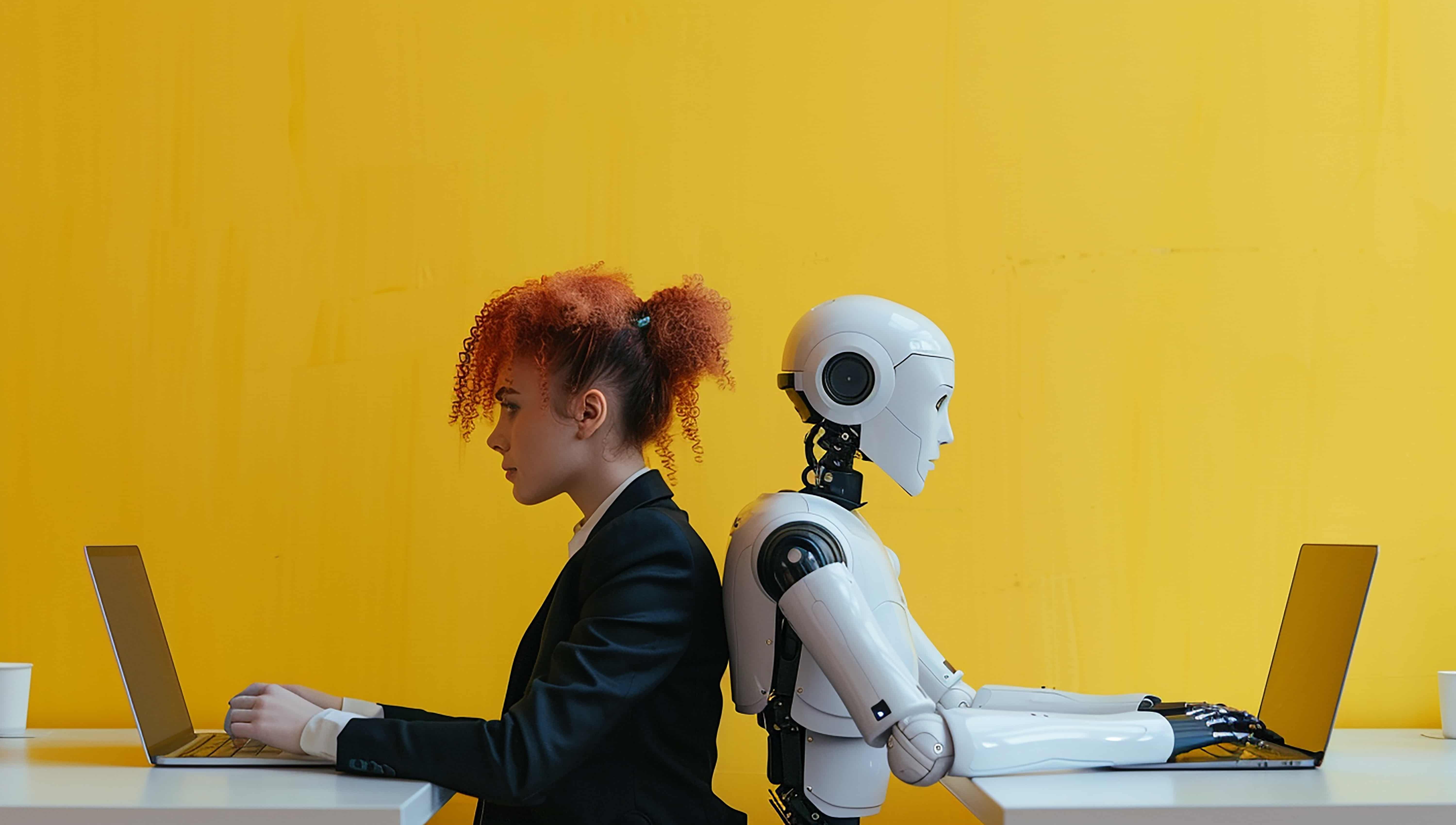 A human and robot working back to back at desks facing away from each other; representation of collaboration with AI
