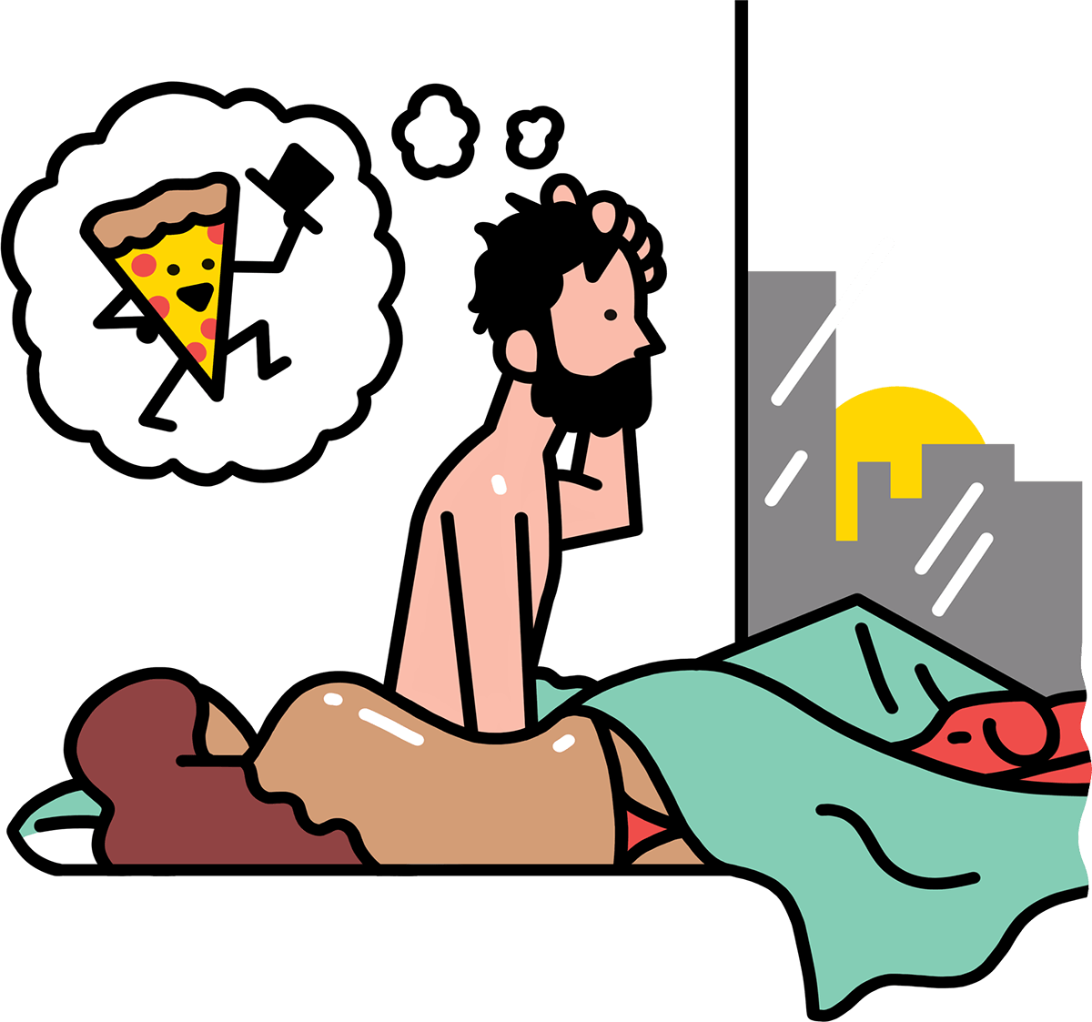 couple waking in the morning dreaming of pizza