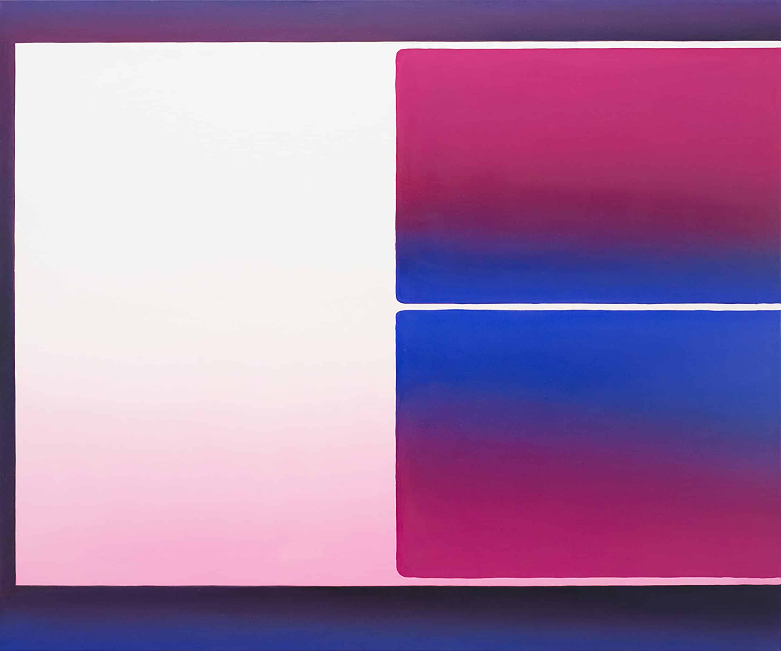 pintura em tons de roxo, rosa e azul. Por Nam Duc Nguyen: Dois Horizontes 180x150cm 2022