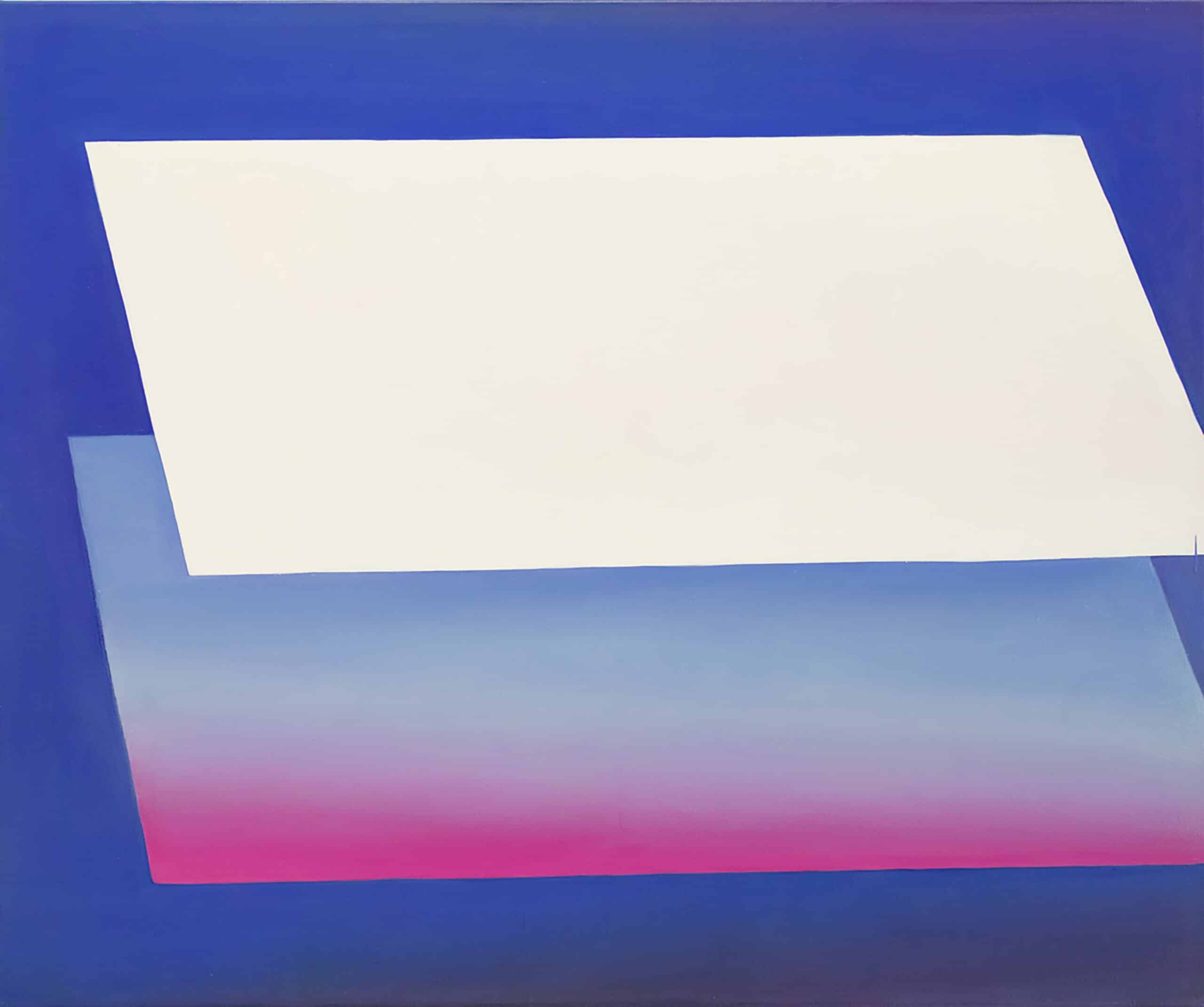 Pintura de formas romboides sobrepostas em branco e azul que se transformam em rosa sobre um rico fundo azul. De Nam Duc Nguyen: Um segundo horizonte 180x150cm 2022