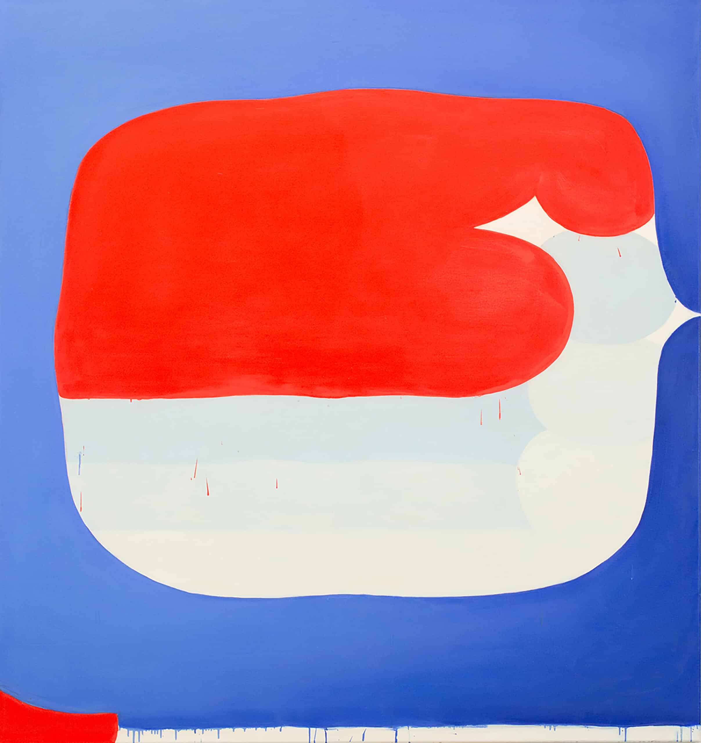 Pintura de formas abstratas em vermelho vivo, azul-claro e branco, cercada por um campo de azul-centáurea quente. Por Nam Duc Nguyen: Uma palavra falada 150cmx160cm
