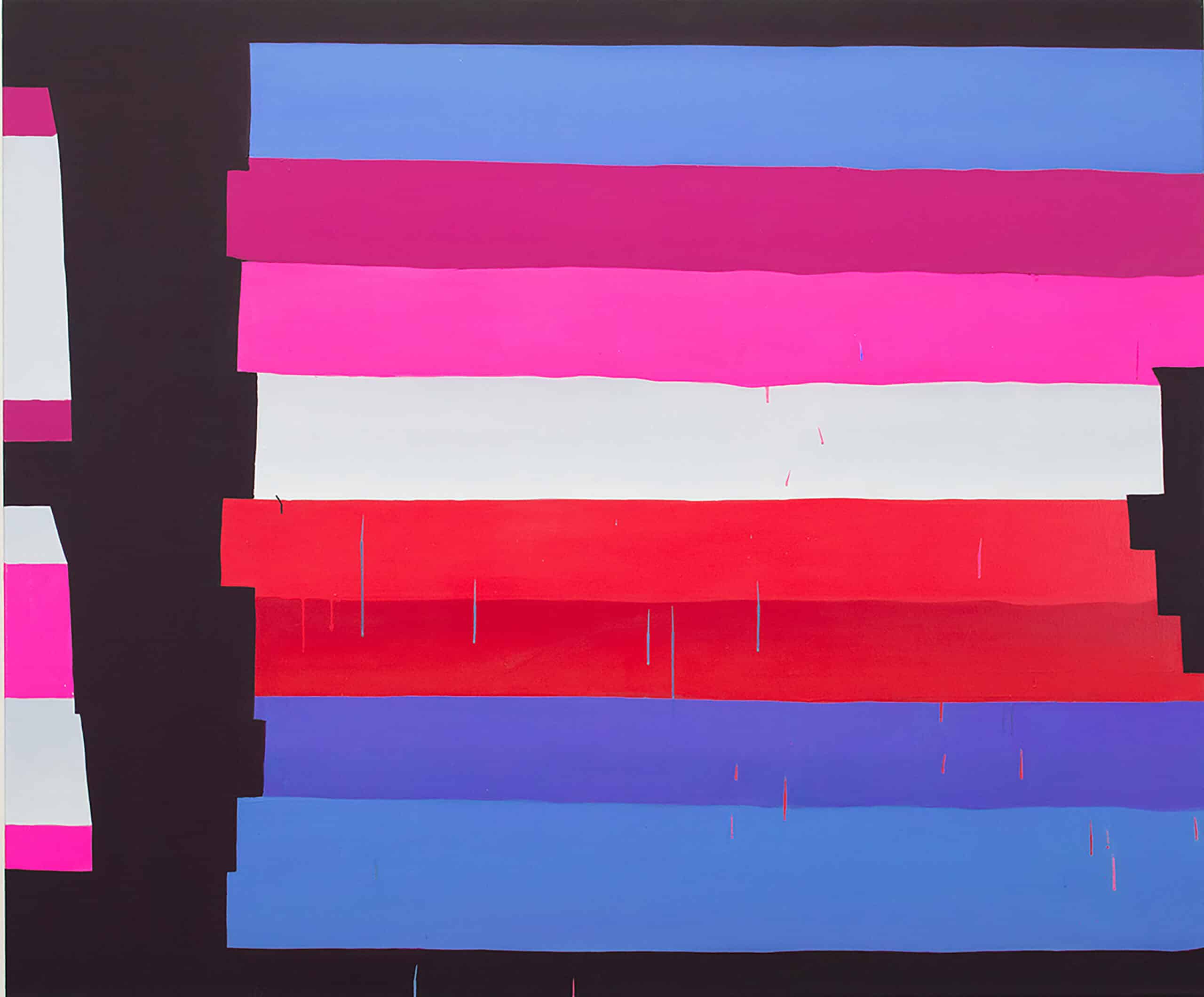 Pintura de linhas horizontais das cores azul, rosa, branco e vermelho em tons variados em um fundo preto. Por Nam Duc Nguyen: Band(s)Together 150cmx180cm