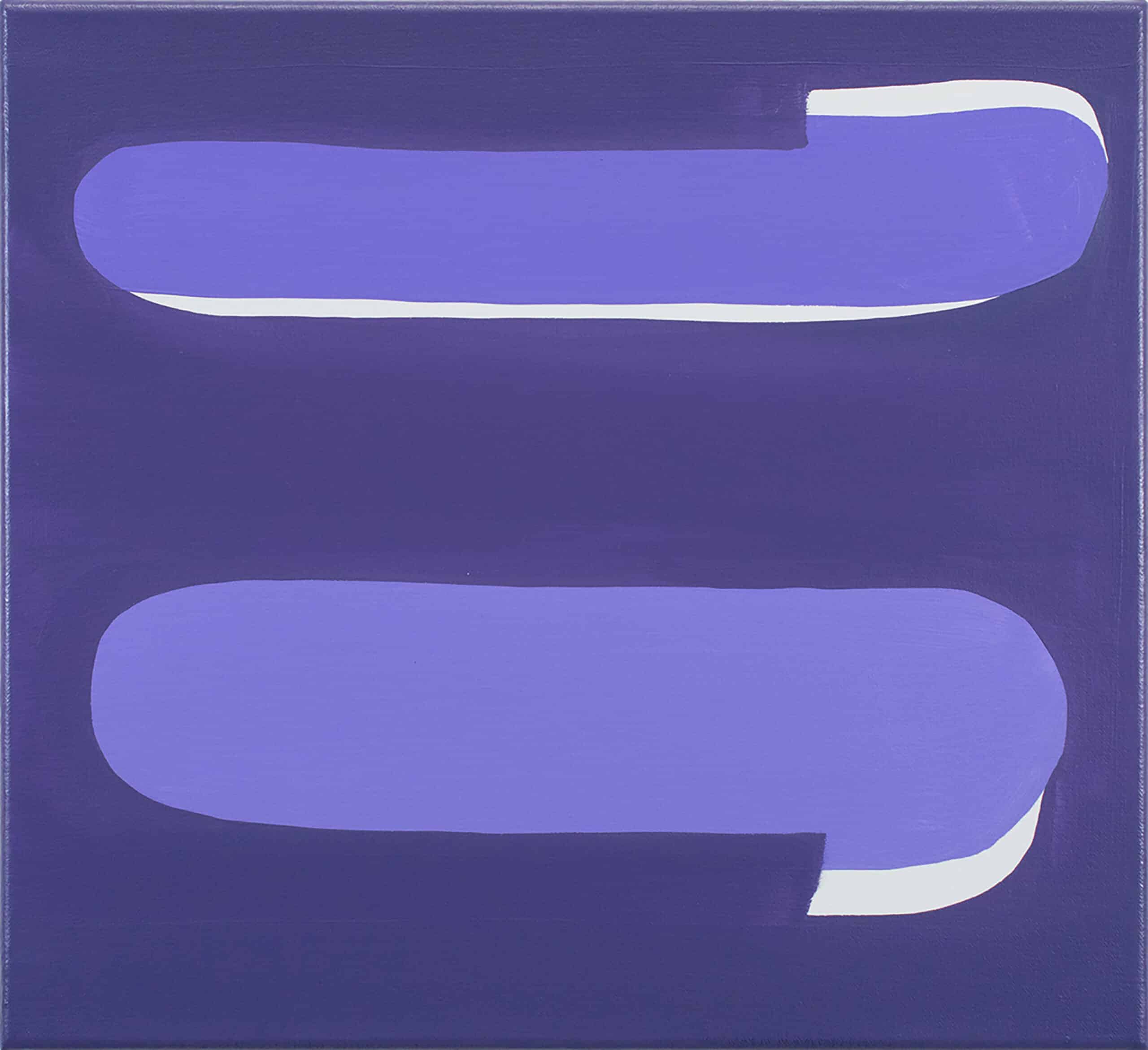 Pintura de formas ovais longas abstratas em tons de roxo médio e escuro frio com lascas de branco. De Nam Duc Nguyen: Double Suspicion (Dupla suspeita) 45x50cm 2020
