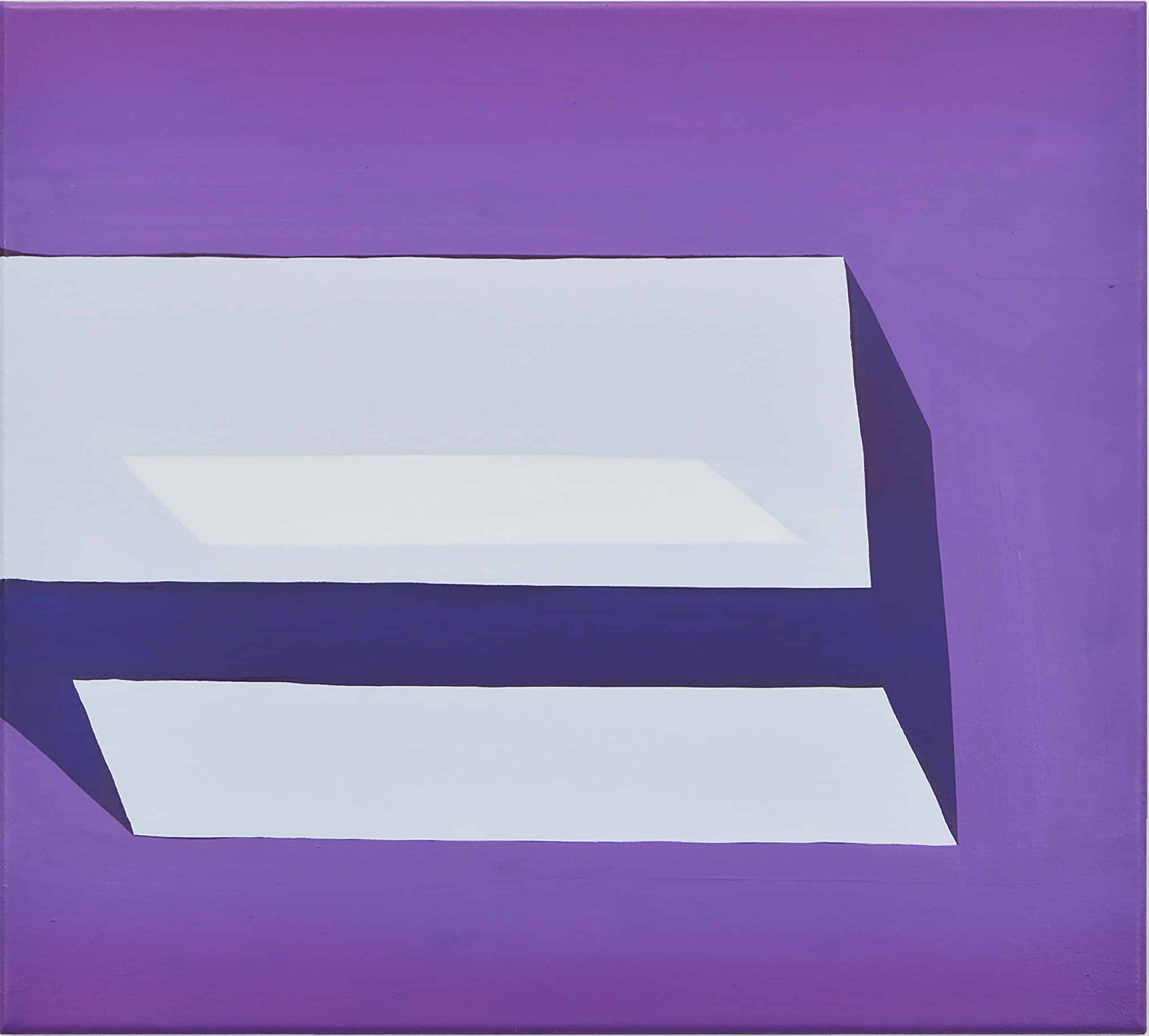 Pintura de formas retangulares abstratas em tons de roxo claro e escuro em um fundo roxo médio. Por Nam Duc Nguyen: Uma câmara de poetas 45x50 2019