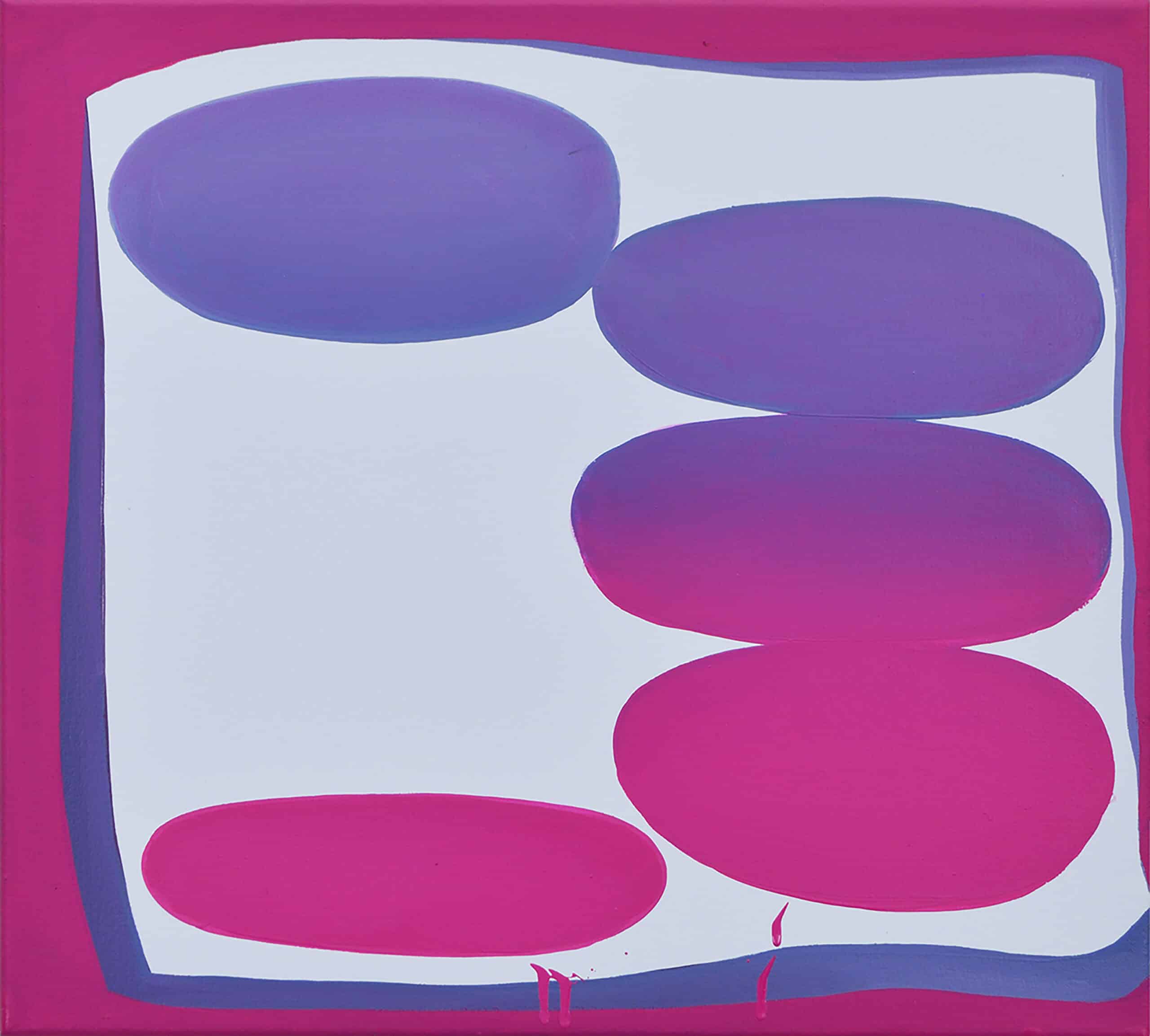 Pintura em tons de rosa e roxo com espaço em branco de quadrados com linhas curvas, ao redor de ovais. Por Nam Duc Nguyen: 30 Pocket Full of Change (30 bolsos cheios de troco) 45x50 2020