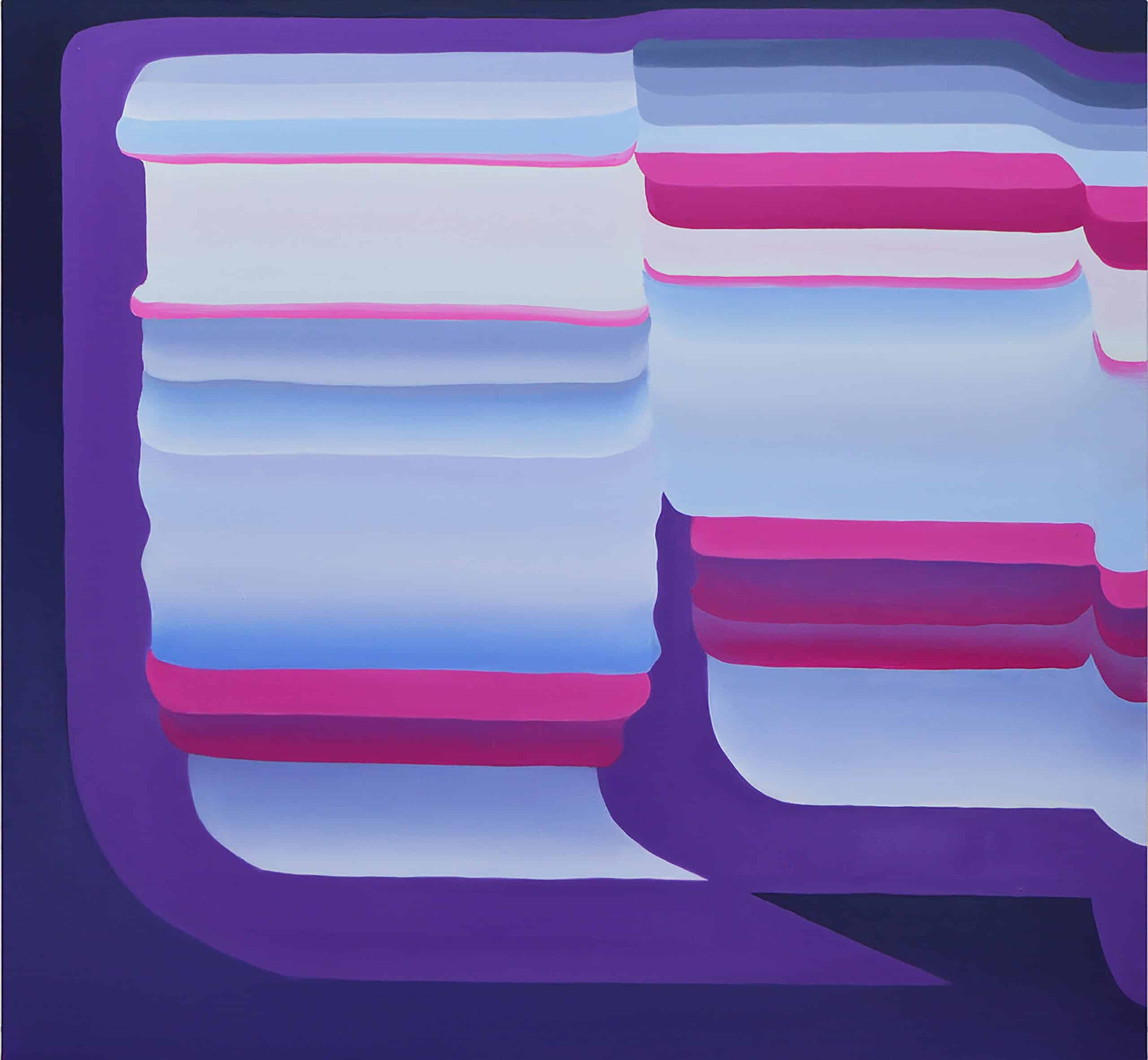 Pintura de linhas arredondadas de cores que formam formas abstratas em tons de rosa, azul, branco e roxo. Por Nam Duc Nguyen: BefuddleIdol 150x160 2020