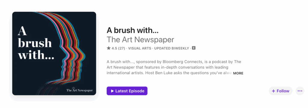 A arte da capa do podcast apresenta um fundo azul escuro com o título "A brush with..." em texto branco à esquerda e uma série de linhas verticais coloridas formando a silhueta de uma cabeça humana à direita. As linhas parecem se originar da base da cabeça e se estender para cima, criando uma representação dinâmica e artística.