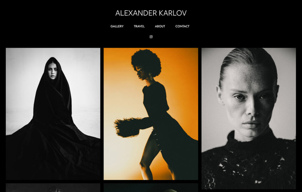 Website for Alexander Karlov featuring three fashion portraits. The navigation includes Gallery, Travel, About, and Contact.