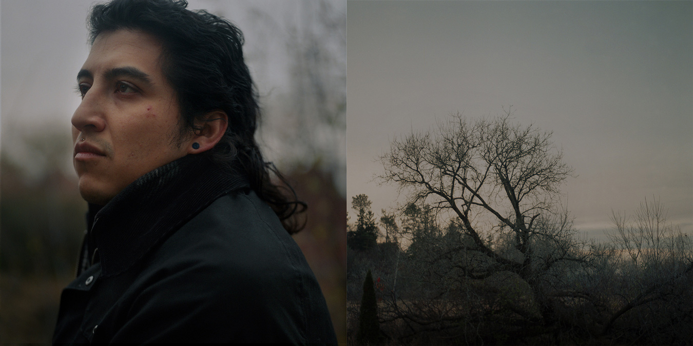 The image is split into two panels: the left panel shows a close-up of a person with long, dark hair, a lip piercing, and a black jacket, looking off to the side; the right panel shows a bare tree against a gray, overcast sky. The overall tone of the image is muted and somber.