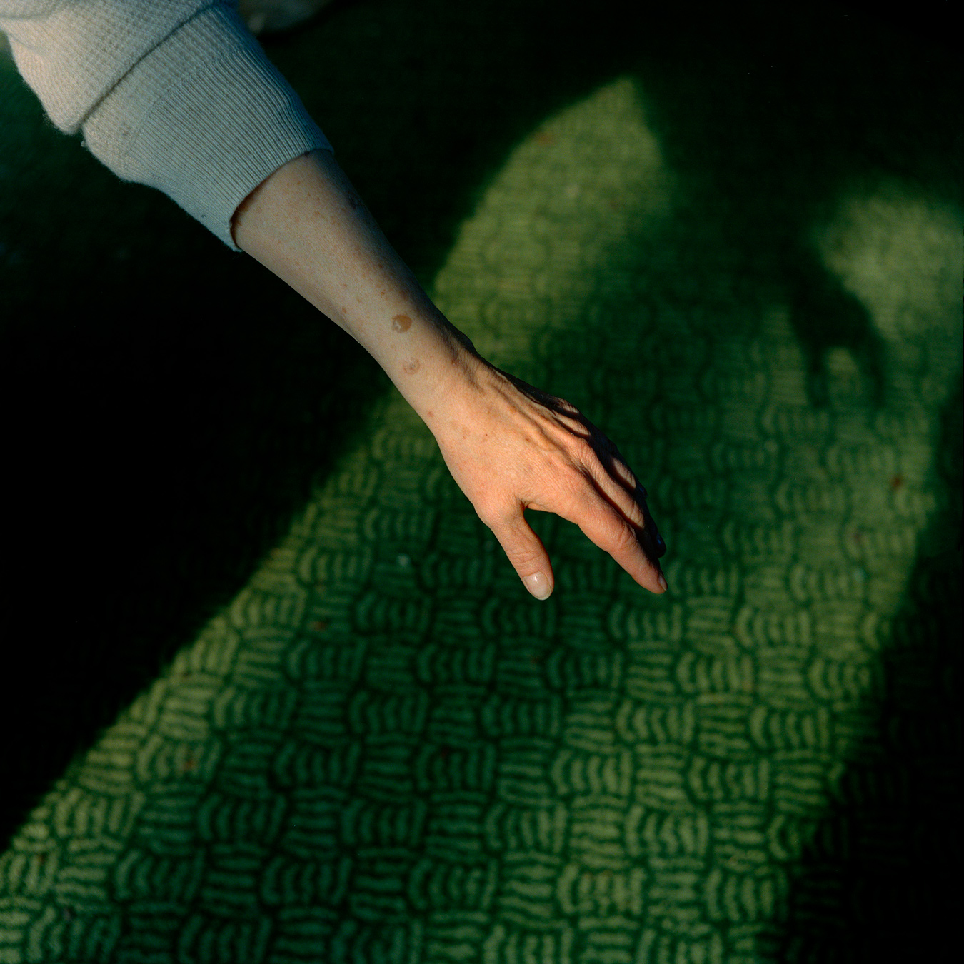 An arm and hand reach down towards a green patterned surface, partially illuminated by sunlight and casting a shadow. The arm, clad in a light-colored sweater, has freckles and age spots.