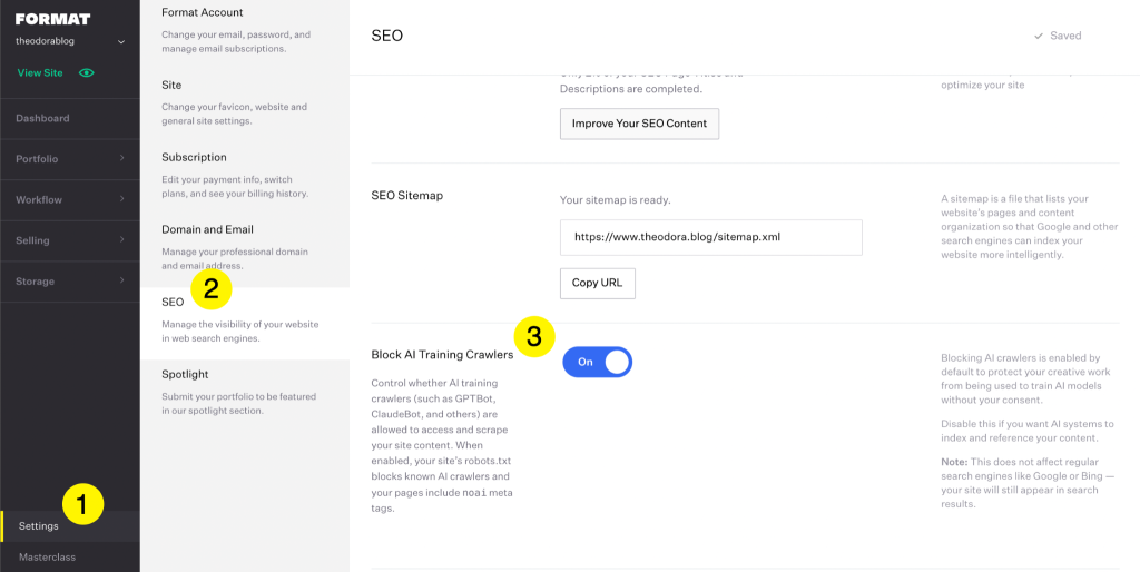 Format SEO settings showing the enabled Block AI Training Crawlers toggle