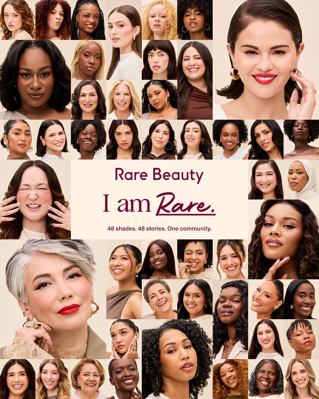 Collage de visages de femmes d'horizons divers entourant le texte : « Rare Beauty, I am Rare ». 48 teintes. 48 histoires. Une seule communauté.