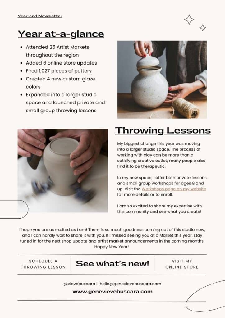 Page 3 in an example of a Ceramic artist year end email Newsletter, including a list of achievements such as how many items they made, how many art fairs attended, and information on the throwing lessons they are offering.