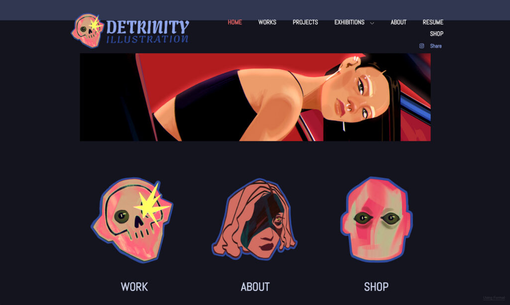 Website for Detrinity Illustration. The site features a banner image of a person, and icons for Work, About, and Shop. The navigation includes Home, Works, Projects, Exhibitions, About, Resume, and Shop.