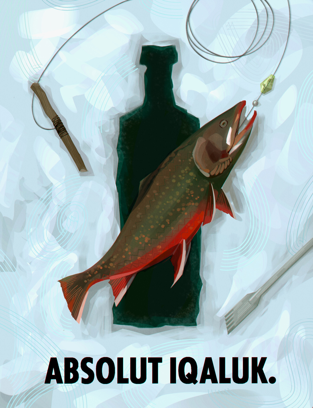 Illustration of a caught fish on a hook, lying over the shadow of an Absolut vodka bottle. Fishing gear is nearby. The background is light blue with circular patterns. Text reads: ABSOLUT IQALUK. Illustration by Denny Cabanero Sagmit