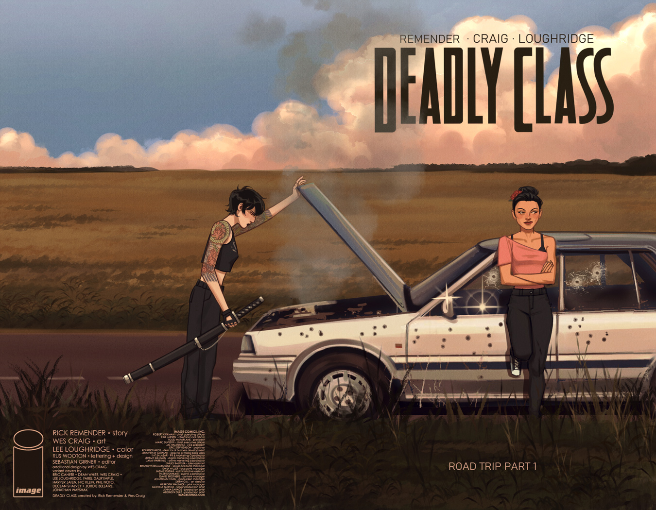 Comic book cover for Deadly Class: Road Trip Part 1. Two young women stand by a bullet-riddled car with its hood up on a rural road. One woman with tattoos and a katana looks under the hood; the other leans against the car with arms crossed. Illustration by Denny Cabanero Sagmit