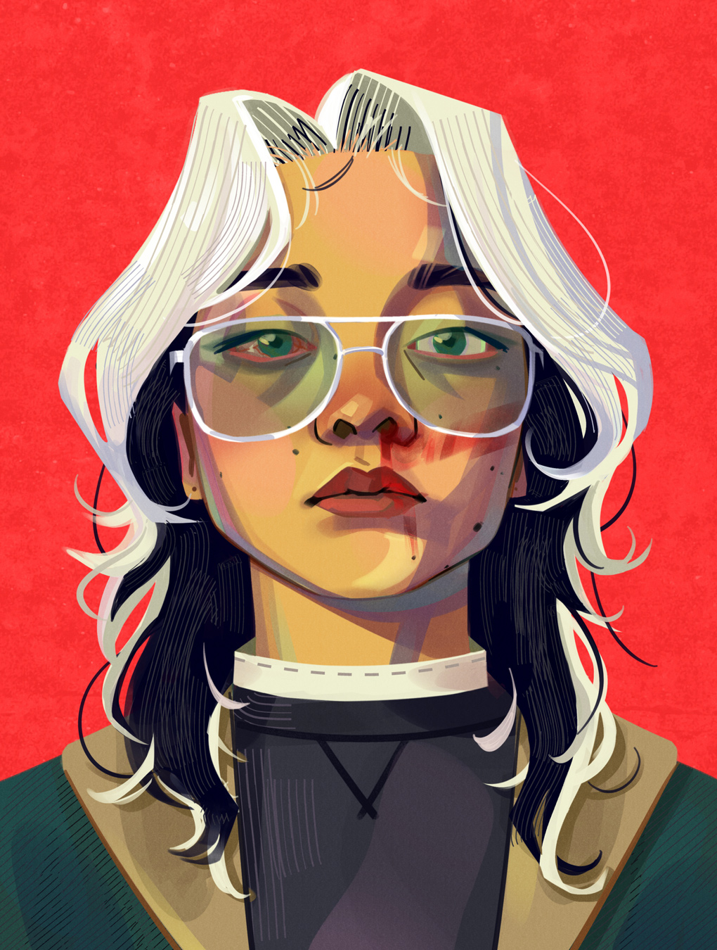 Illustration of a person with green eyes and white-framed glasses against a red background. They've dark hair with white streaks, and a small amount of blood is visible near their mouth. They're wearing a dark sweater with a white collar. Illustration by Denny Cabanero Sagmit