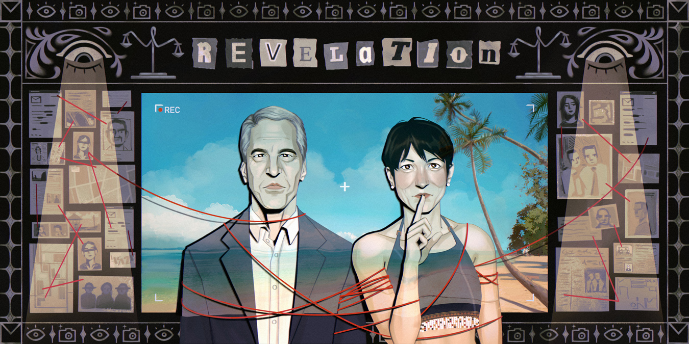Illustration of Jeffrey Epstein and Ghislaine Maxwell against a beach backdrop, framed by surveillance imagery. Red string connects them to photos and documents. The word REVELATION is above. REC is visible in the upper left. Illustration by Denny Cabanero Sagmit