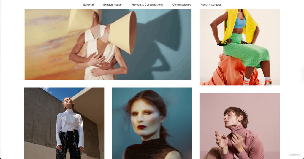 Emilie Elizabeth's Sierra theme portfolio with a vertical tiled layout, featuring a creative fashion shot and a portrait.