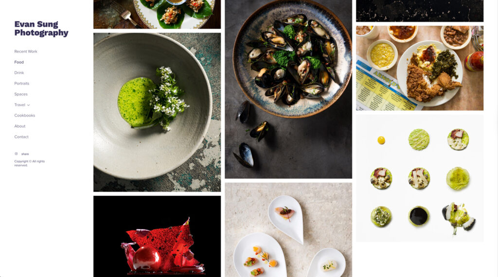 Evan Sung Fotografie-Portfolio: Food-Fotografie mit verschiedenen Gerichten, darunter Muscheln, Vorspeisen und Desserts