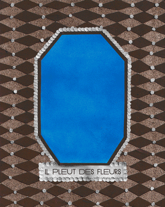 Une image décorative représente une forme octogonale bleu vif dans laquelle des fleurs descendent au fur et à mesure que le concert se déroule, encadrée de paillettes argentées, sur un fond brun texturé avec un motif en losange ponctué de points argentés. Sous la forme, une bannière argentée indique " IL PLEUT DES FLEURS "."