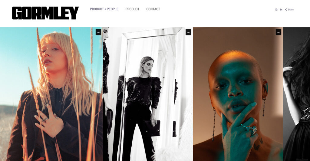 William Gormley's Panorama theme portfolio with a horizontal scrolling gallery, featuring commercial portraits of models.