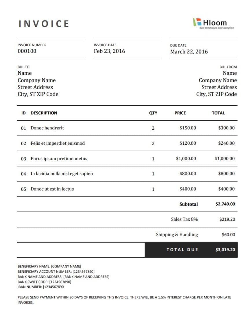 Hloom Invoice