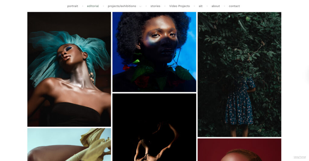 Iyesogie Ogieriakhi's Amazon theme portfolio, featuring a masonry grid of vibrant and moody portraits of models.