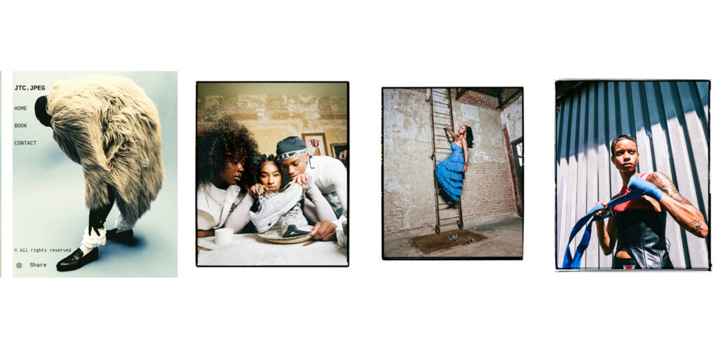 Das Bild zeigt eine Collage aus vier verschiedenen Fotos: eine Person in einem Pelzmantel, drei Personen, die einen Schuh untersuchen, eine Frau in einem blauen Kleid auf einer Leiter und ein Boxer, der seine Hände einwickelt. Jedes Foto ist mit einem schwarzen Rand umrahmt, sodass eine galerieähnliche Präsentation entsteht. Foto von Joshua Conliffe.