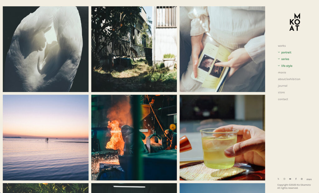 A website showcasing photography by Ko Okamoto, featuring a grid of images and a navigation menu with options like portrait, series, and life style. The logo is M KO AT.
