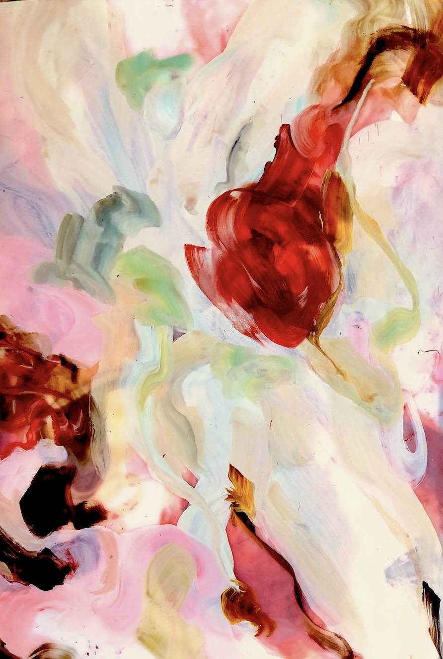 Abstract painting with swirling brushstrokes of red, white, pink, green, and brown. The colors blend and overlap, creating a fluid, organic composition. Painting by Sue Mackay
