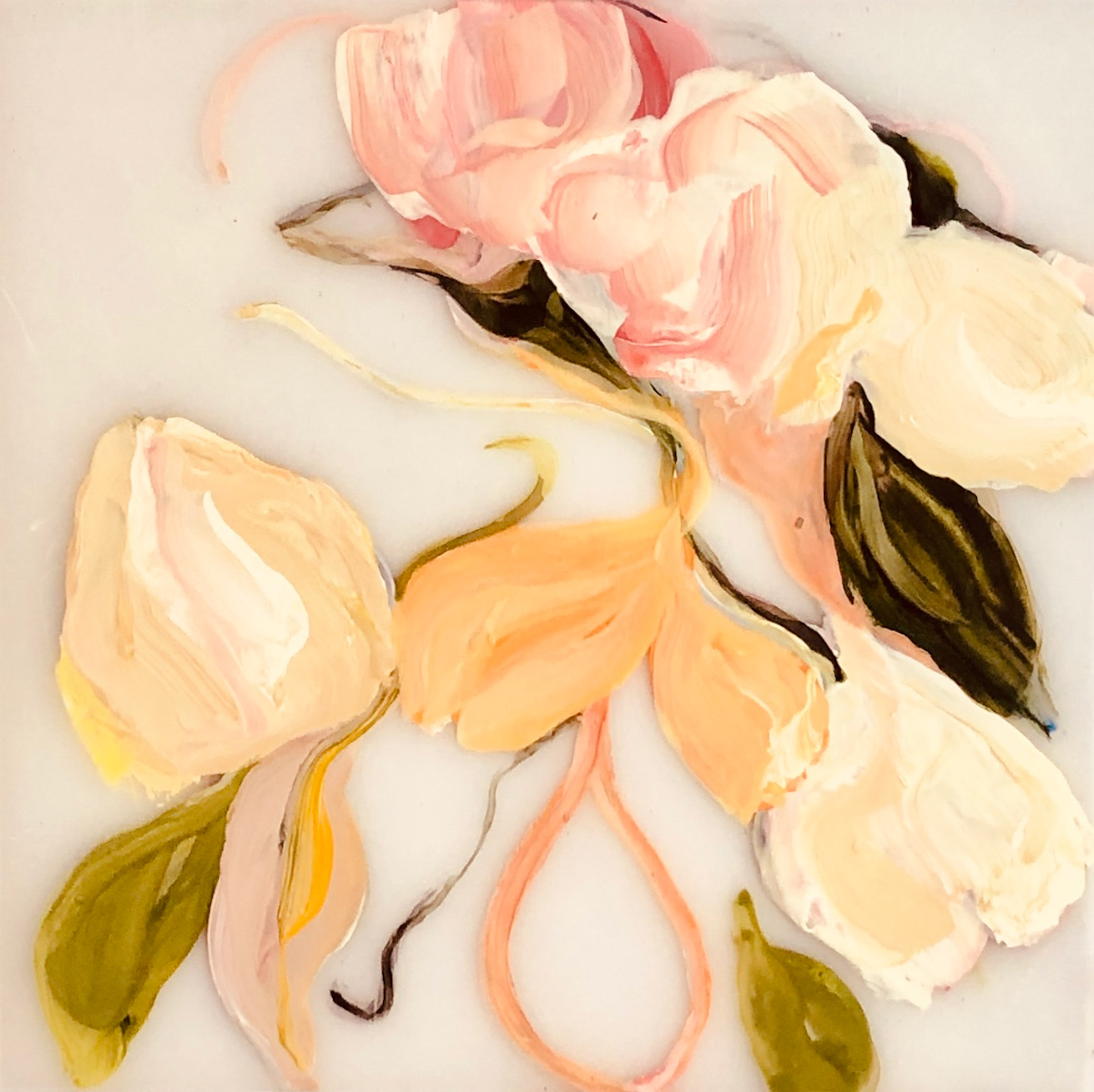 Abstract floral painting with thick brushstrokes in shades of pink, peach, and cream, accented by green leaves, against a white background. Painting by Sue Mackay
