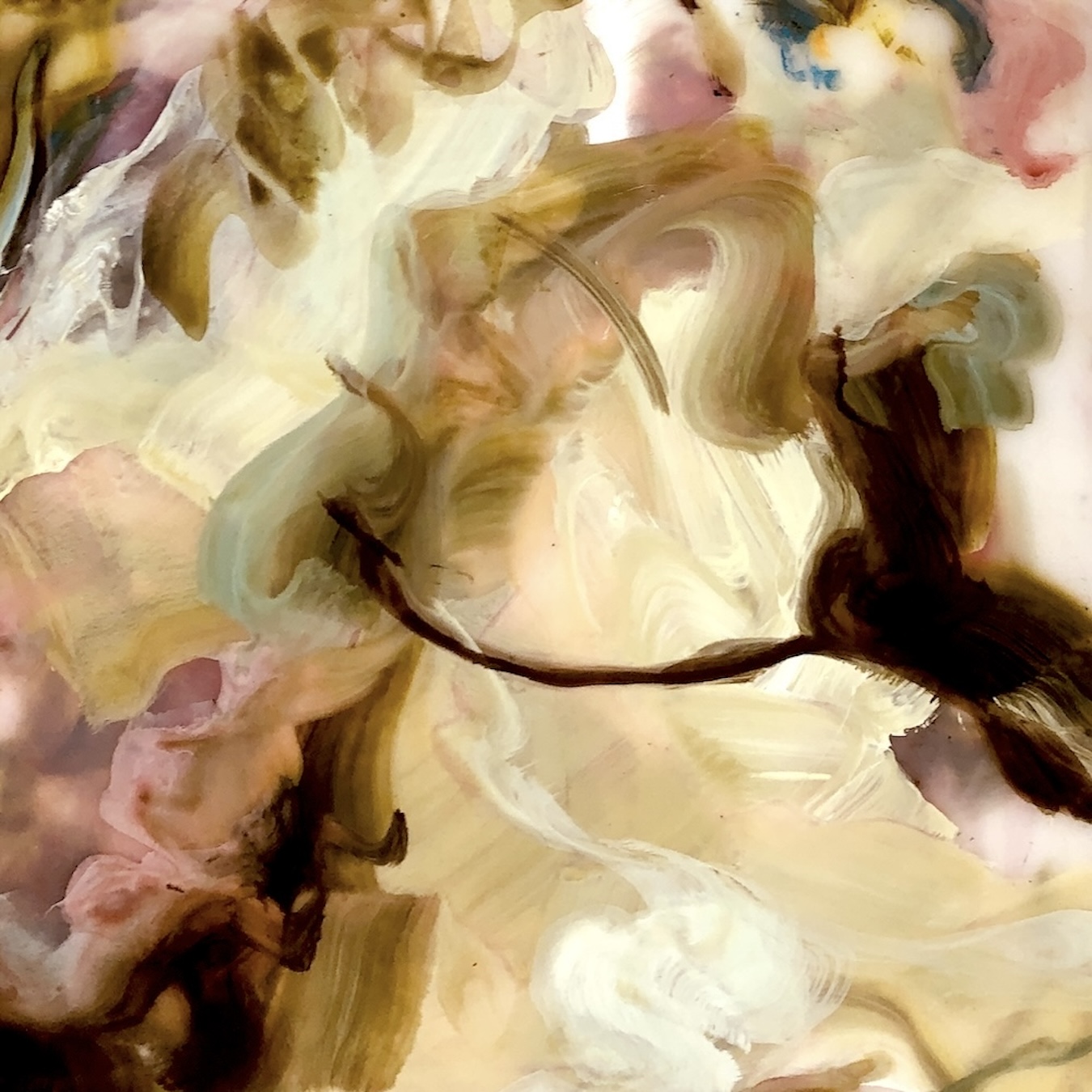 Abstract painting with swirling brushstrokes in shades of brown, cream, pink, and white. Painting by Sue Mackay