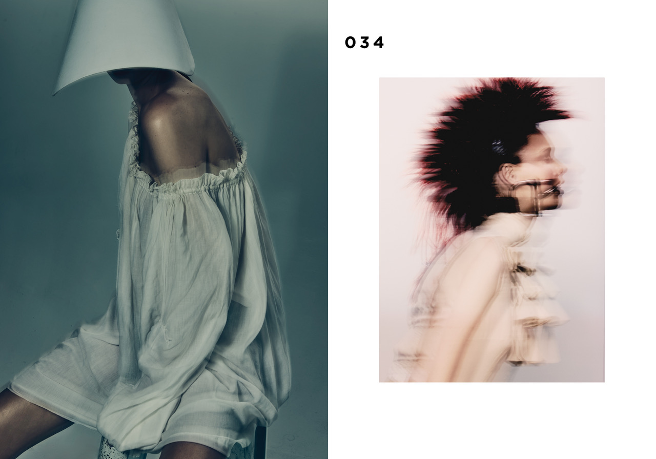 Fashion editorial spread featuring a model in flowing white fabric and a blurred punk-inspired headpiece.