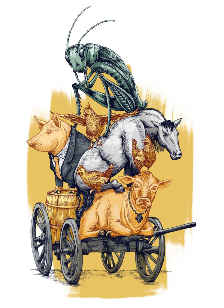 An engraving-style illustration depicts a large green grasshopper perched atop a stacked group of farm animals, including a pig in a suit, a horse, a cow, and several chickens, all piled onto a wooden cart against a yellow background.