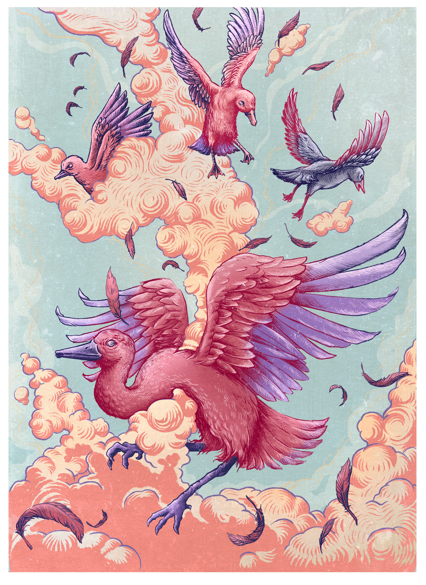 An illustration of several pink and purple birds flying through a light blue sky filled with swirling peach-colored clouds and falling feathers.