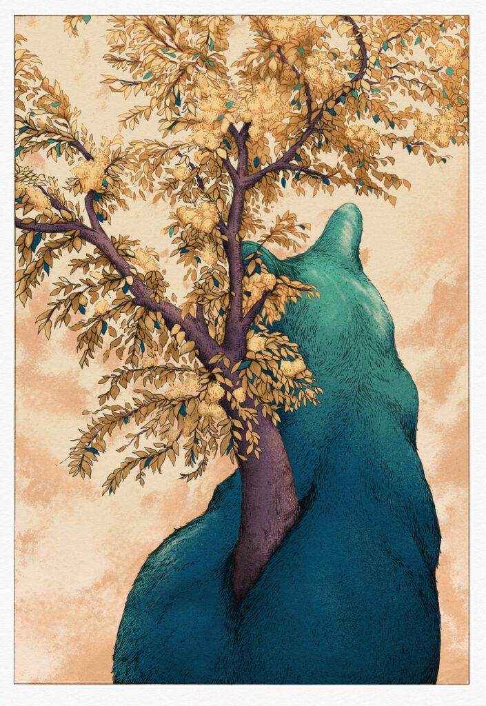 An illustration in a Japanese woodblock print style depicts a large teal bear seen from behind, with a purple-trunked tree bearing golden leaves and yellow blossoms growing directly out of its back against a textured, warm beige background.