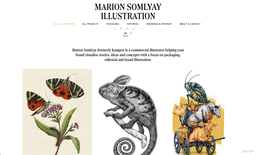 This website homepage for Marion Somlyay Illustration features a clean white background with black text and three detailed, hand-drawn illustrations of animals, including butterflies on a flower, a textured chameleon on a branch, and a whimsical stack of farm animals on a cart.