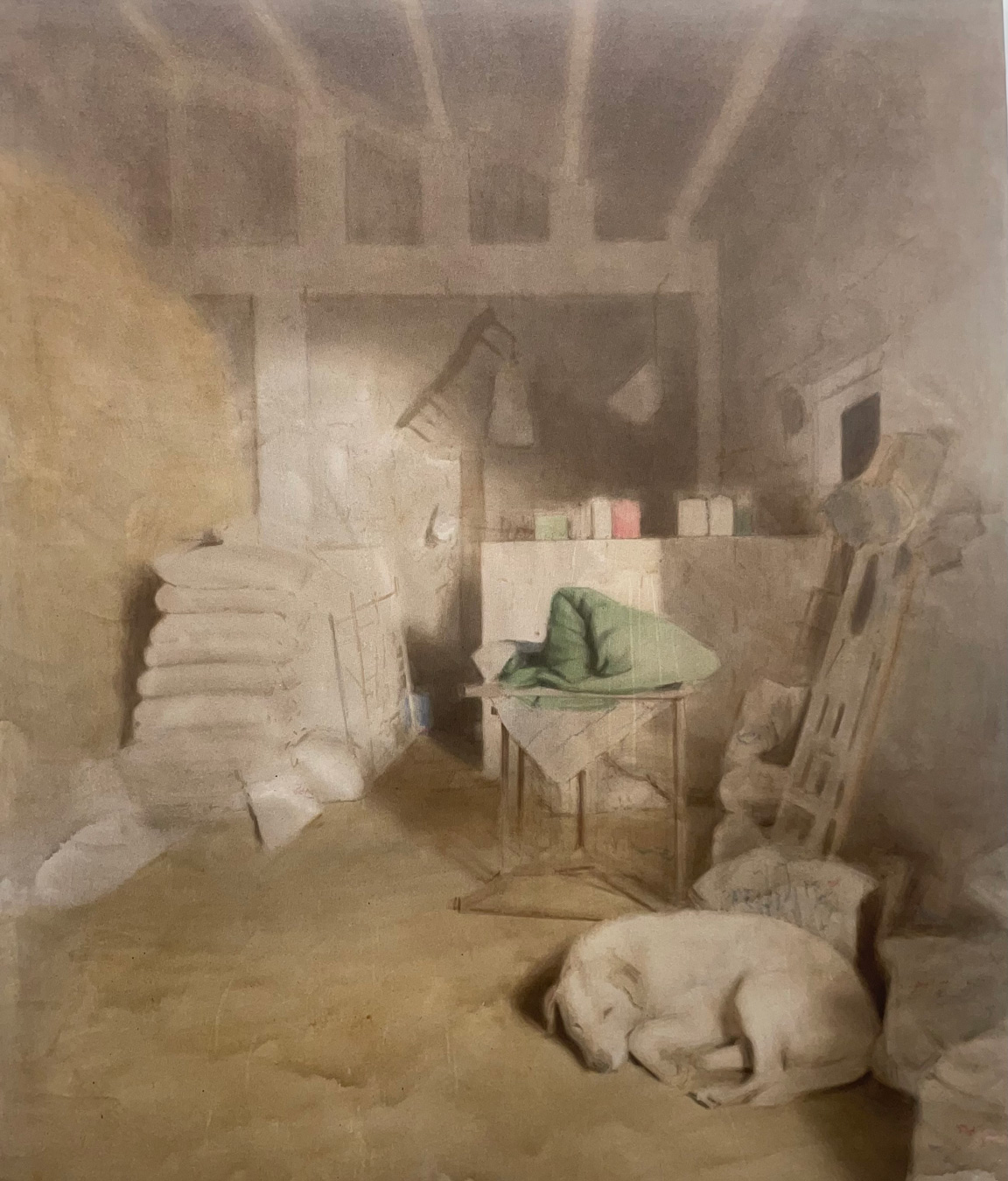 Un cuadro muestra un espacio interior poco iluminado con sacos apilados, una mesa cubierta con un paño verde y un perro blanco acurrucado y dormido en el suelo. La habitación tiene un aire rústico, con vigas vistas y una colección de objetos esparcidos. Arte de Montalvo