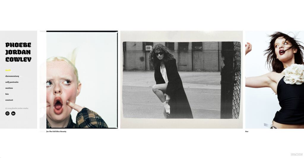 Phoebe Cowley's portfolio using the Horizon Left theme, featuring a horizontally scrolling gallery with three distinct portraits.