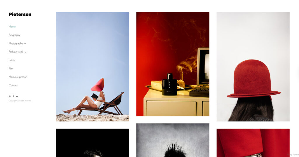 Ludovic Pieterson's Peak theme portfolio, showing a grid of colorful fashion and product photography.