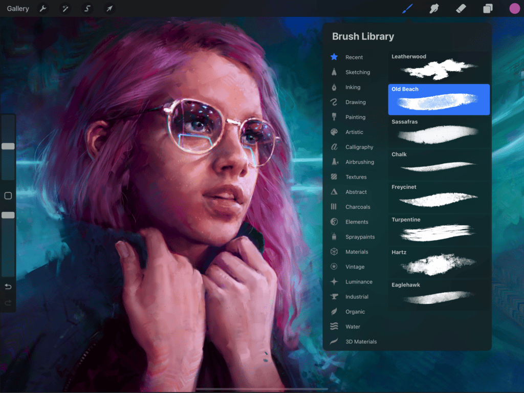 L'interface utilisateur du logiciel Procreate est sombre et moderne.