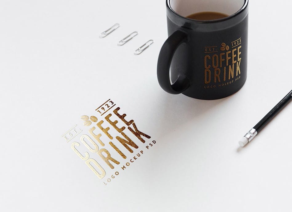 Realistic Gold Logo on Cup and Paper