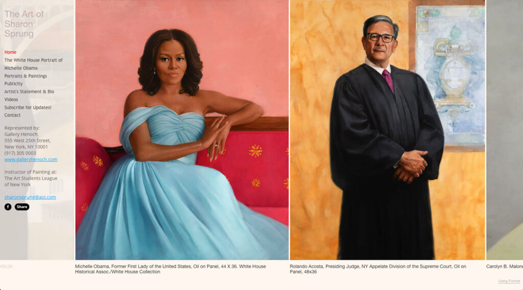 Deux peintures à l'huile de Sharon Sprung : l'une représentant Michelle Obama en robe bleue, et l'autre Rolando Acosta en robe de magistrat. Le texte à gauche indique : « L'art de Sharon Sprung ».